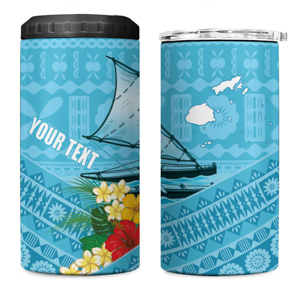 Personalised Bula Vinaka Fiji Drua 4 in 1 Can Cooler Tumbler Fijian Traditional Canoe Tapa Cloth Blue