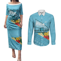 Personalised Bula Vinaka Fiji Drua Couples Matching Puletasi and Long Sleeve Button Shirt Fijian Traditional Canoe Tapa Cloth Blue LT14 Blue - Polynesian Pride