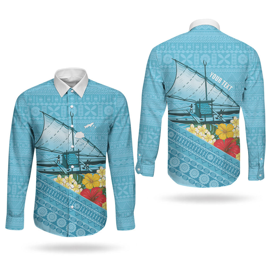 Personalised Bula Vinaka Fiji Drua Couples Matching Puletasi and Long Sleeve Button Shirt Fijian Traditional Canoe Tapa Cloth Blue LT14 - Polynesian Pride
