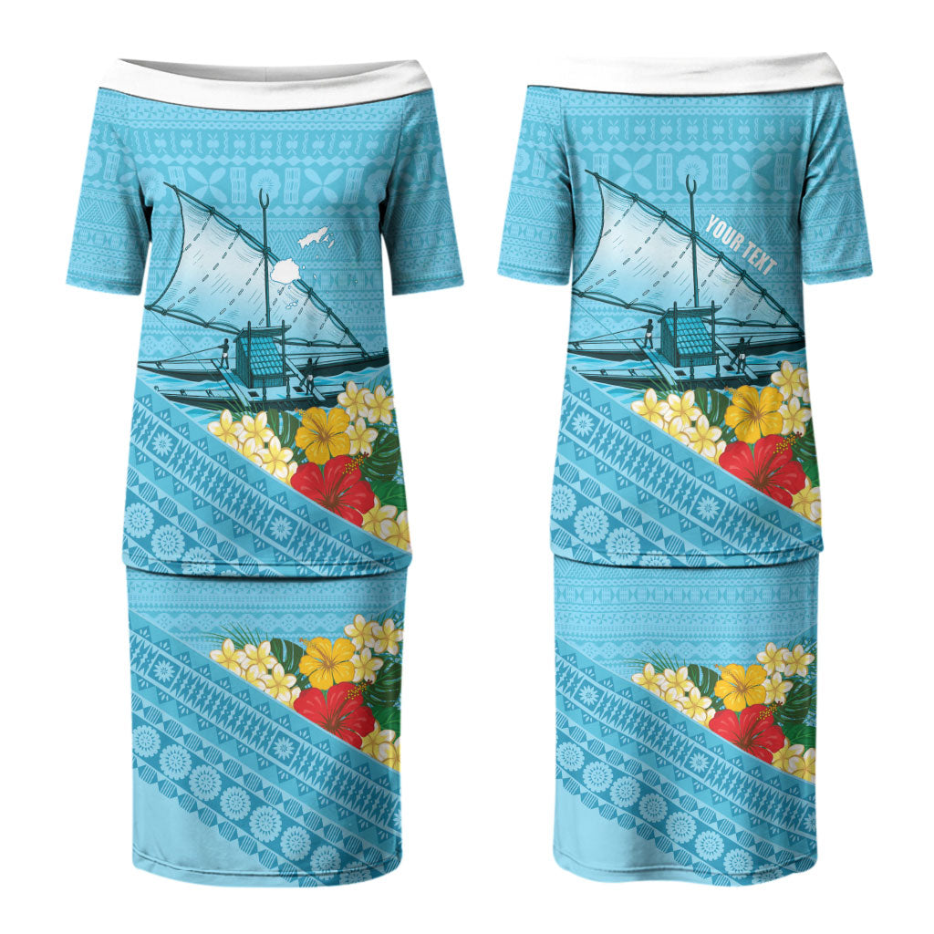 Personalised Bula Vinaka Fiji Drua Couples Matching Puletasi and Long Sleeve Button Shirt Fijian Traditional Canoe Tapa Cloth Blue LT14 - Polynesian Pride