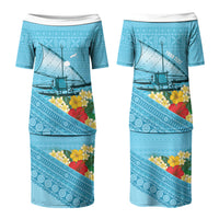 Personalised Bula Vinaka Fiji Drua Couples Matching Puletasi and Long Sleeve Button Shirt Fijian Traditional Canoe Tapa Cloth Blue LT14 - Polynesian Pride