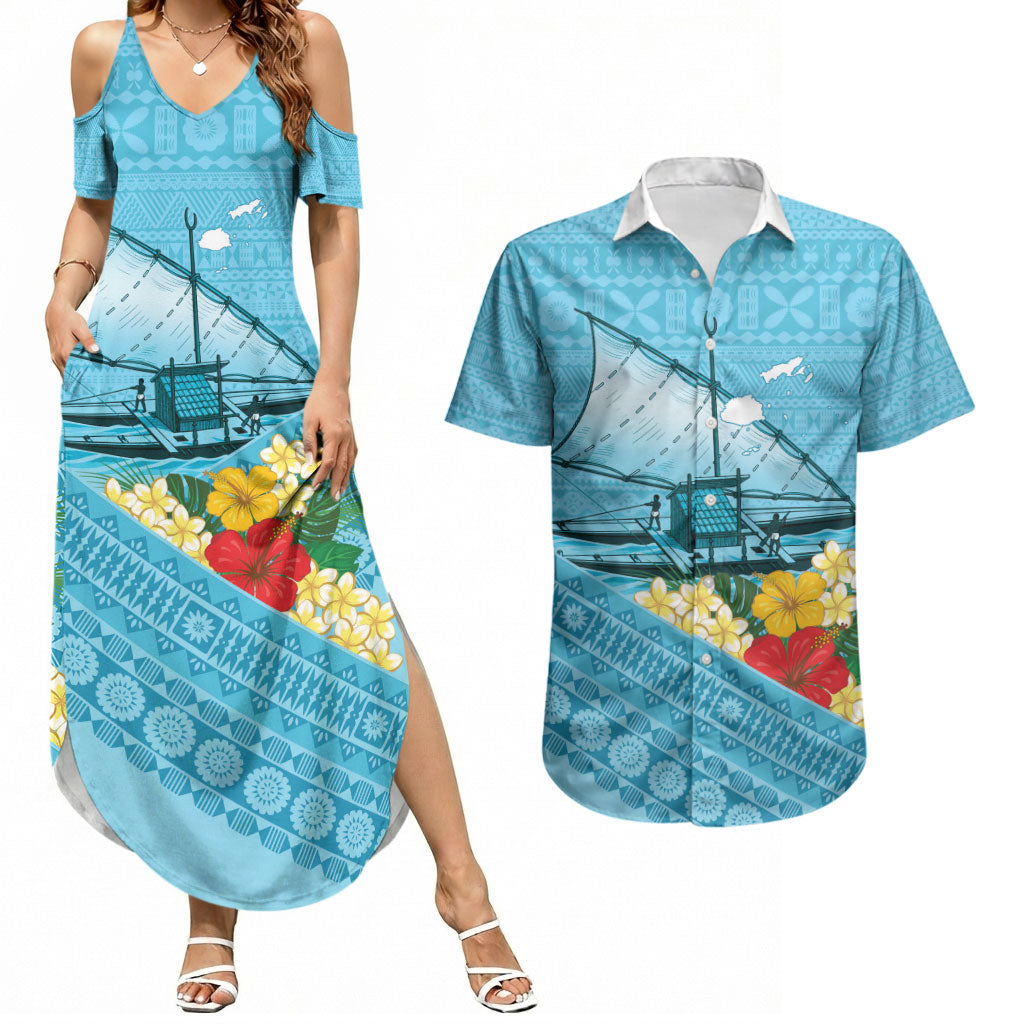 Personalised Bula Vinaka Fiji Drua Couples Matching Summer Maxi Dress and Hawaiian Shirt Fijian Traditional Canoe Tapa Cloth Blue