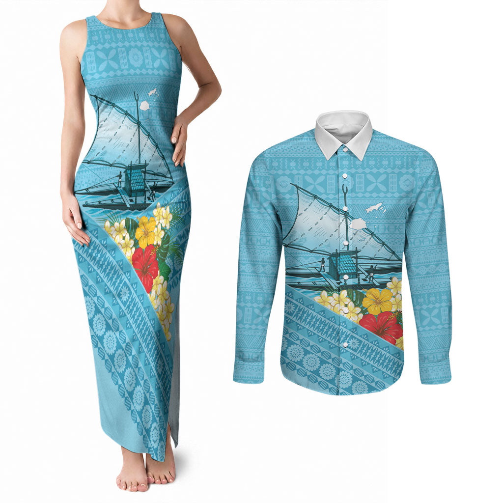 Personalised Bula Vinaka Fiji Drua Couples Matching Tank Maxi Dress and Long Sleeve Button Shirt Fijian Traditional Canoe Tapa Cloth Blue