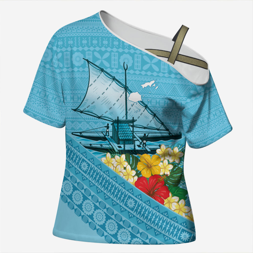 Personalised Bula Vinaka Fiji Drua Cross Shoulder Shirt Fijian Traditional Canoe Tapa Cloth Blue