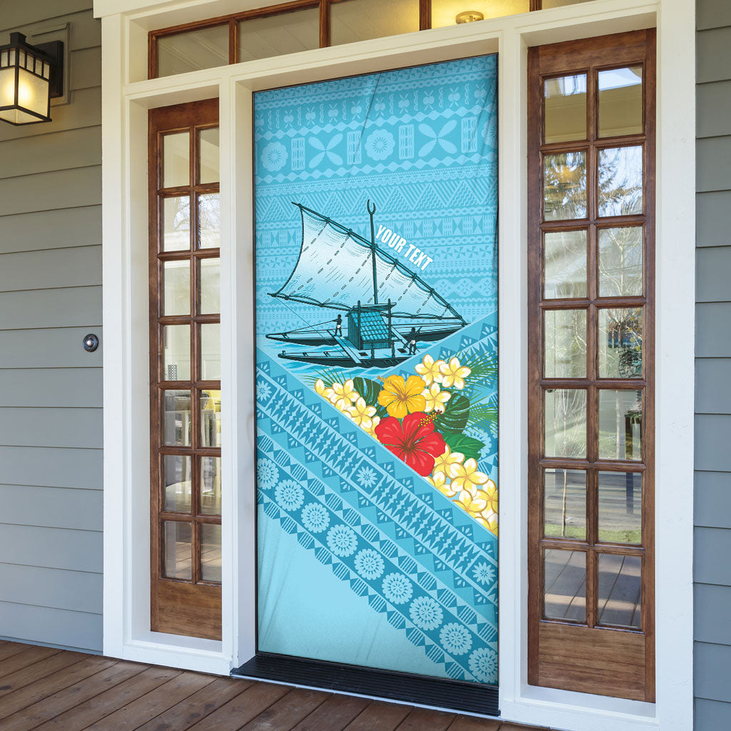 Personalised Bula Vinaka Fiji Drua Door Cover Fijian Traditional Canoe Tapa Cloth Blue LT14 - Polynesian Pride