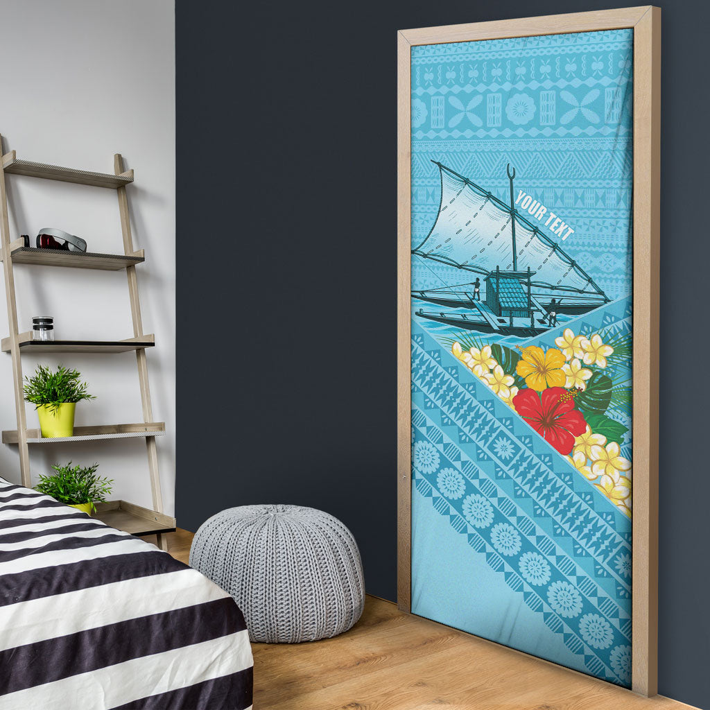 Personalised Bula Vinaka Fiji Drua Door Cover Fijian Traditional Canoe Tapa Cloth Blue LT14 - Polynesian Pride