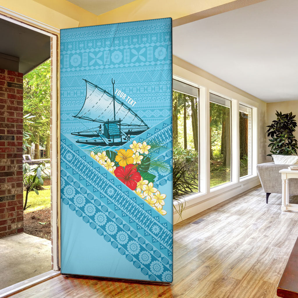 Personalised Bula Vinaka Fiji Drua Door Cover Fijian Traditional Canoe Tapa Cloth Blue LT14 - Polynesian Pride