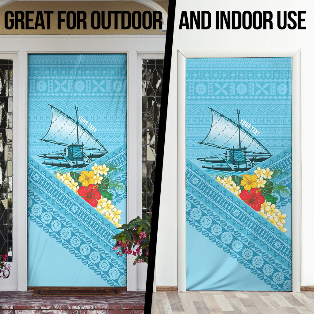 Personalised Bula Vinaka Fiji Drua Door Cover Fijian Traditional Canoe Tapa Cloth Blue LT14 - Polynesian Pride