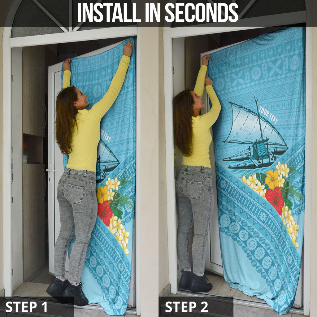 Personalised Bula Vinaka Fiji Drua Door Cover Fijian Traditional Canoe Tapa Cloth Blue LT14 - Polynesian Pride