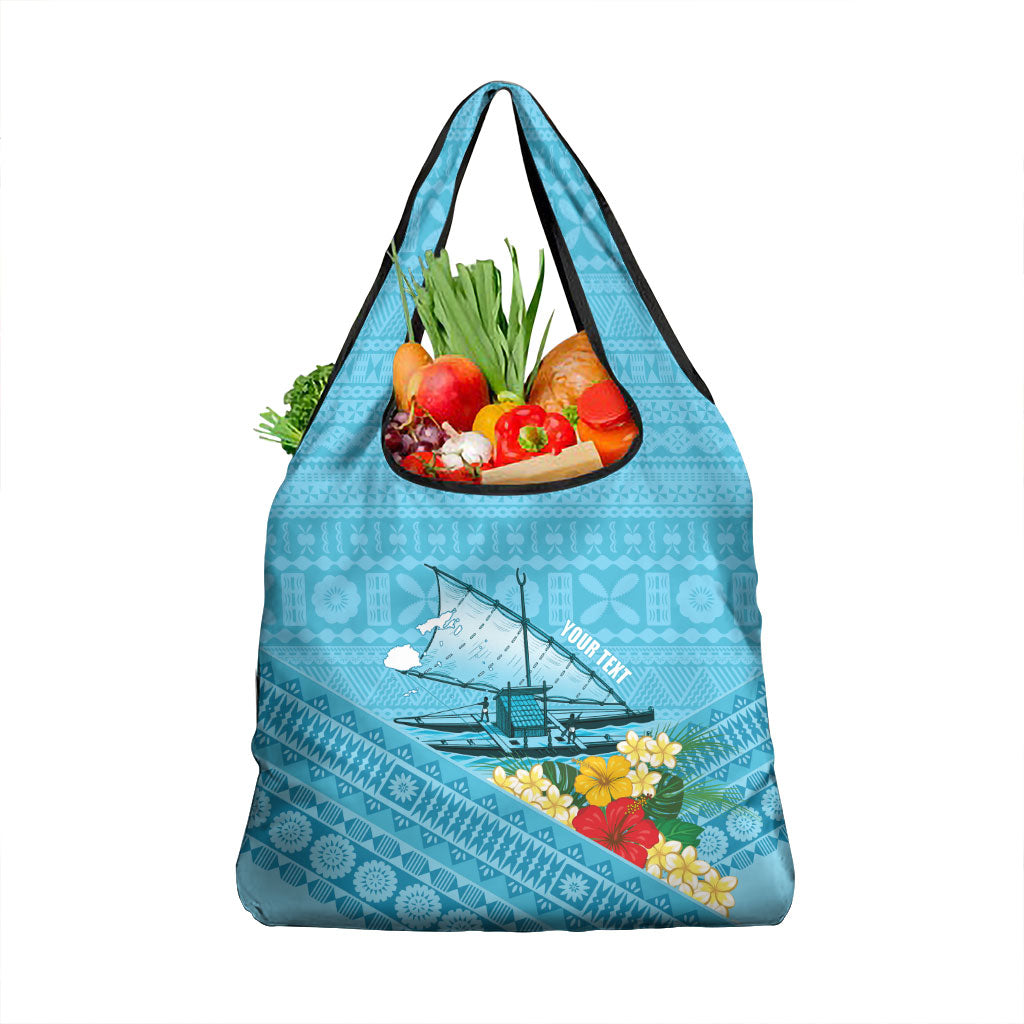 Personalised Bula Vinaka Fiji Drua Grocery Bag Fijian Traditional Canoe Tapa Cloth Blue