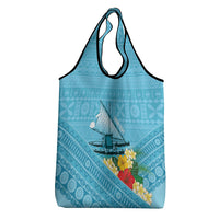 Personalised Bula Vinaka Fiji Drua Grocery Bag Fijian Traditional Canoe Tapa Cloth Blue LT14 - Polynesian Pride