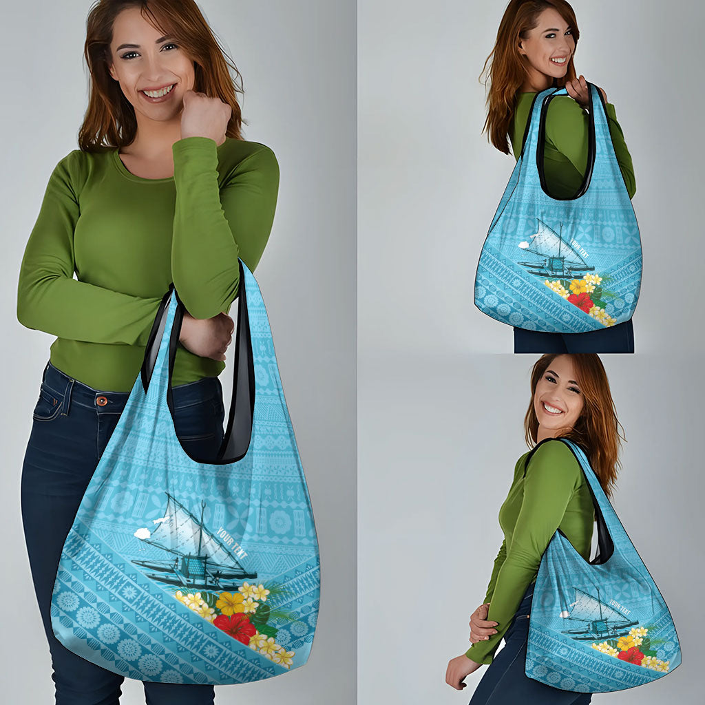 Personalised Bula Vinaka Fiji Drua Grocery Bag Fijian Traditional Canoe Tapa Cloth Blue LT14 - Polynesian Pride
