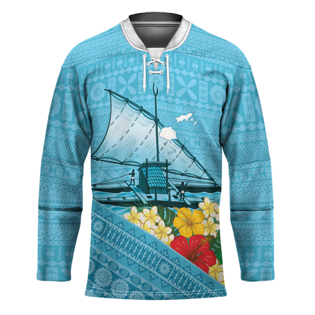 Personalised Bula Vinaka Fiji Drua Hockey Jersey Fijian Traditional Canoe Tapa Cloth Blue