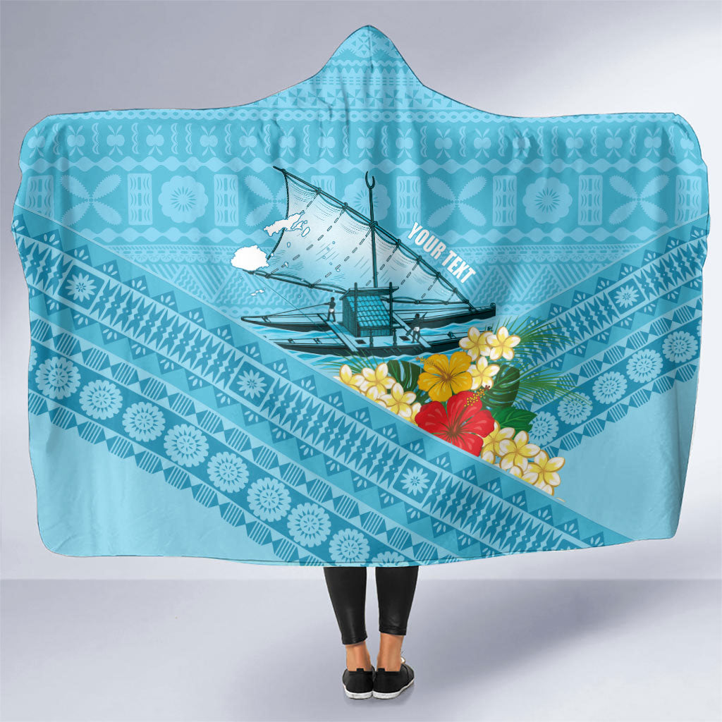 Personalised Bula Vinaka Fiji Drua Hooded Blanket Fijian Traditional Canoe Tapa Cloth Blue