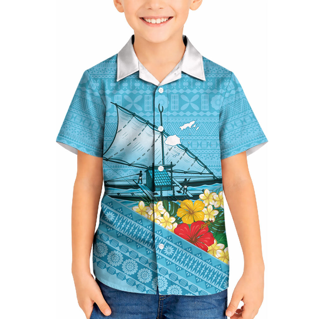 Personalised Bula Vinaka Fiji Drua Kid Hawaiian Shirt Fijian Traditional Canoe Tapa Cloth Blue