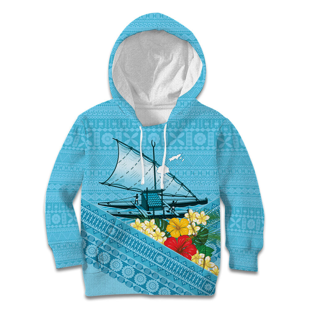 Personalised Bula Vinaka Fiji Drua Kid Hoodie Fijian Traditional Canoe Tapa Cloth Blue