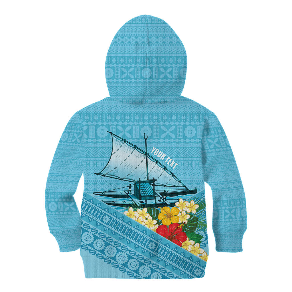 Personalised Bula Vinaka Fiji Drua Kid Hoodie Fijian Traditional Canoe Tapa Cloth Blue LT14 - Polynesian Pride