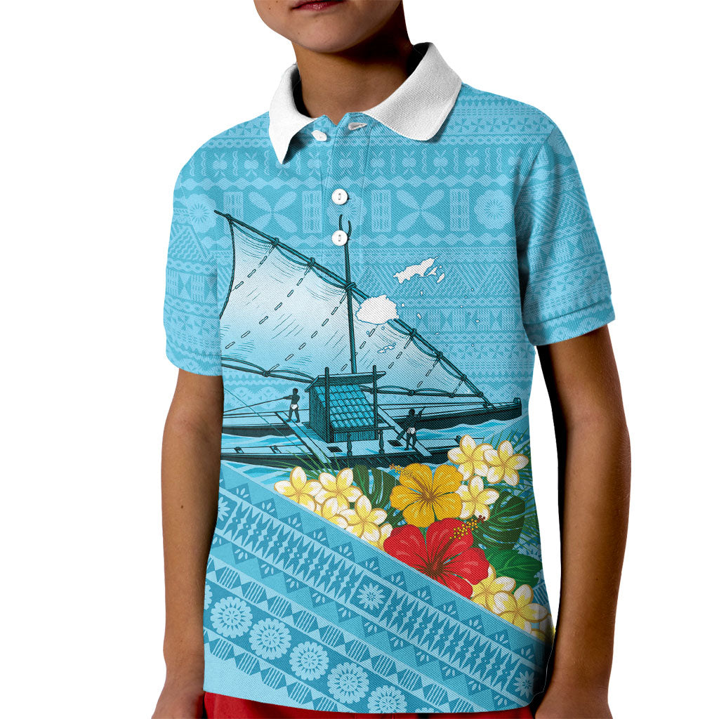 Personalised Bula Vinaka Fiji Drua Kid Polo Shirt Fijian Traditional Canoe Tapa Cloth Blue