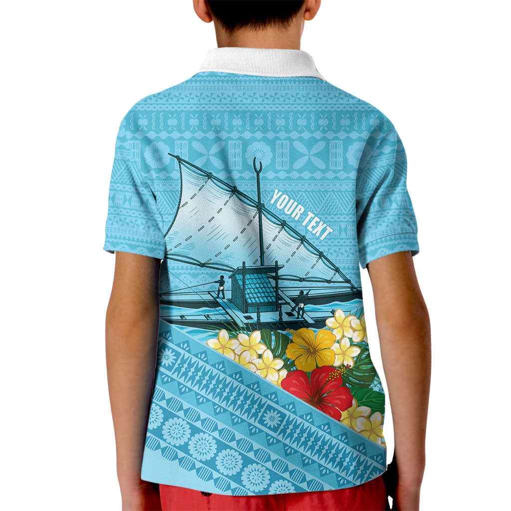 Personalised Bula Vinaka Fiji Drua Kid Polo Shirt Fijian Traditional Canoe Tapa Cloth Blue LT14 - Polynesian Pride