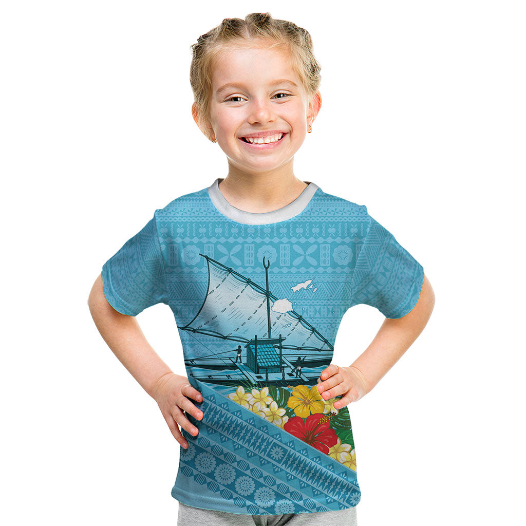 Personalised Bula Vinaka Fiji Drua Kid T Shirt Fijian Traditional Canoe Tapa Cloth Blue