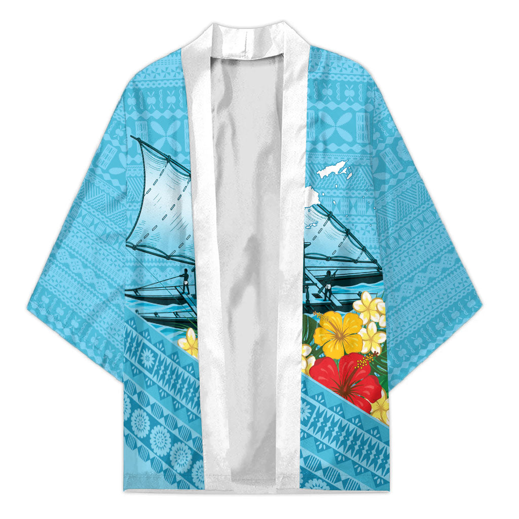 Personalised Bula Vinaka Fiji Drua Kimono Fijian Traditional Canoe Tapa Cloth Blue