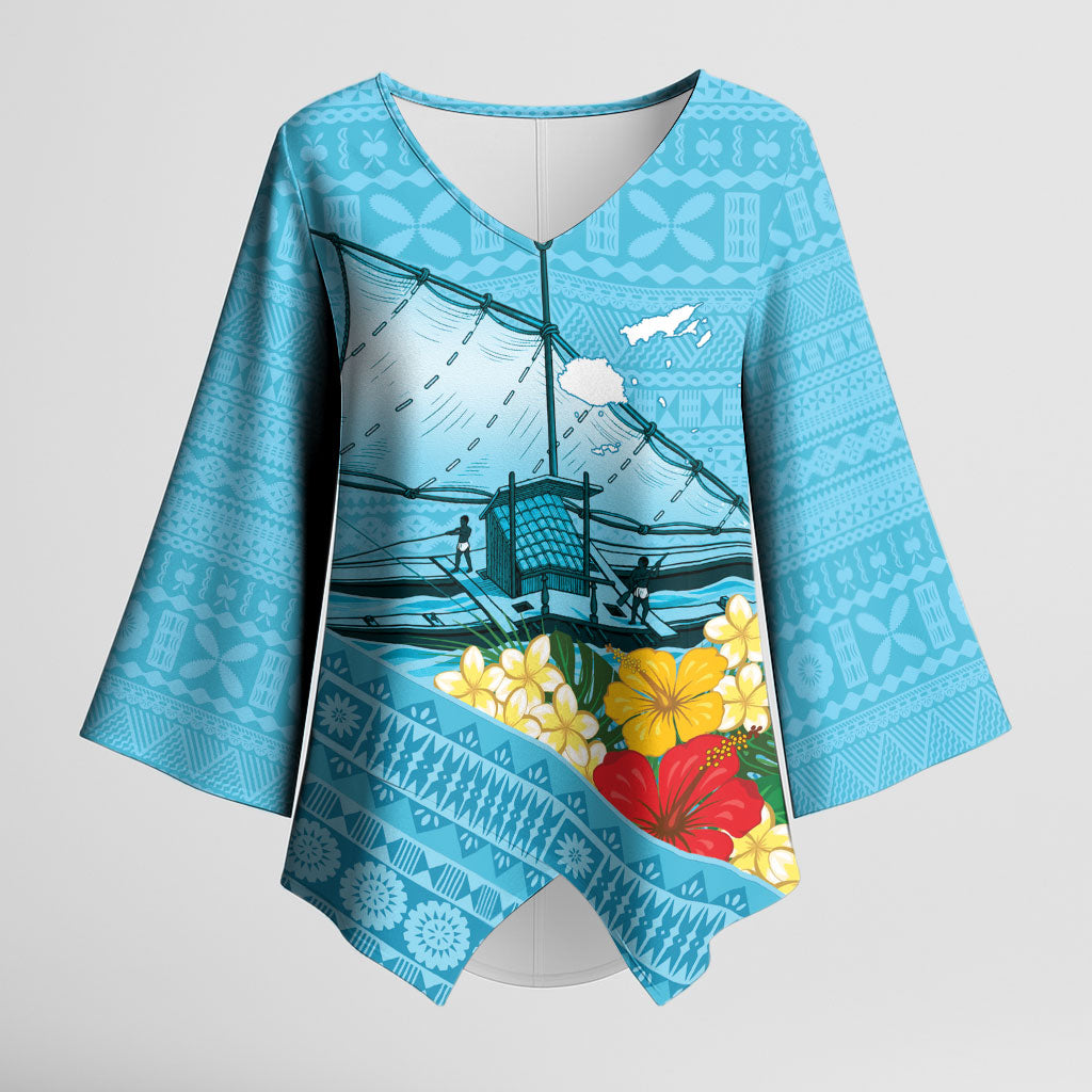 Personalised Bula Vinaka Fiji Drua Kimono Sleeve Blouse Fijian Traditional Canoe Tapa Cloth Blue