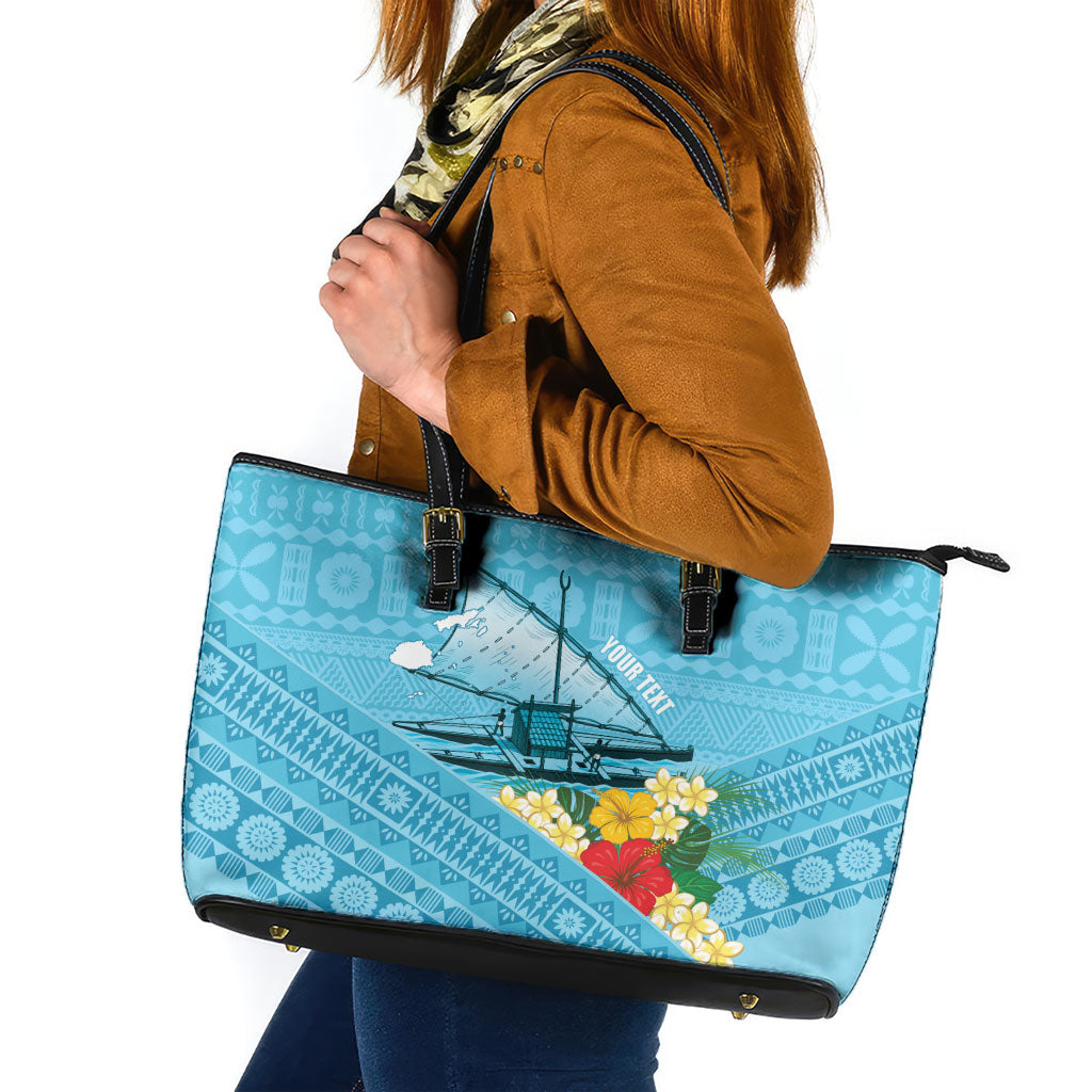 Personalised Bula Vinaka Fiji Drua Leather Tote Bag Fijian Traditional Canoe Tapa Cloth Blue