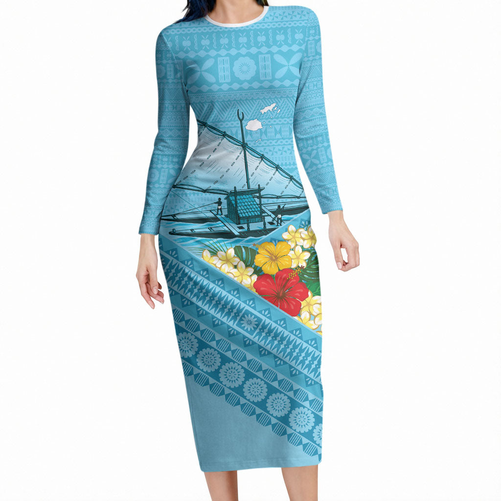 Personalised Bula Vinaka Fiji Drua Long Sleeve Bodycon Dress Fijian Traditional Canoe Tapa Cloth Blue LT14 Long Dress Blue - Polynesian Pride