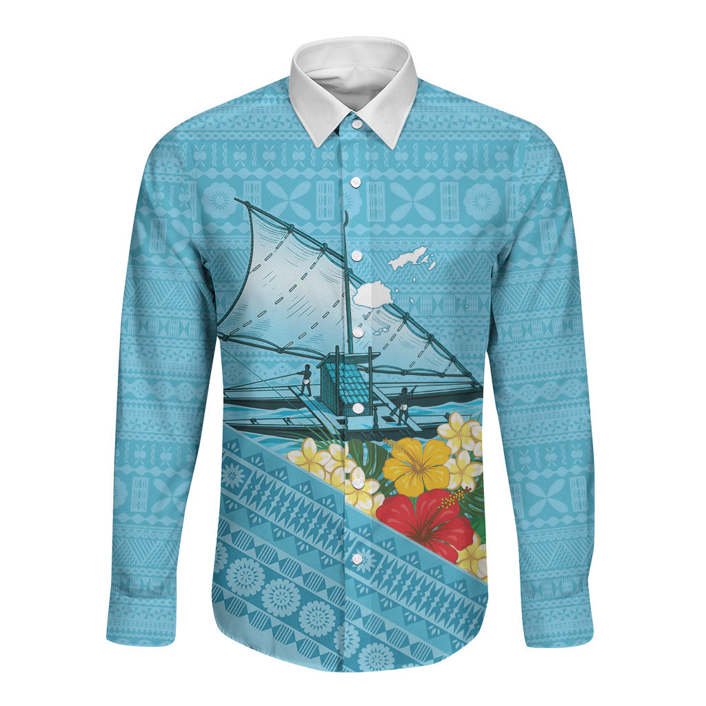 Personalised Bula Vinaka Fiji Drua Long Sleeve Button Shirt Fijian Traditional Canoe Tapa Cloth Blue