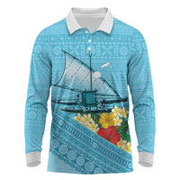 Personalised Bula Vinaka Fiji Drua Long Sleeve Polo Shirt Fijian Traditional Canoe Tapa Cloth Blue LT14 Blue - Polynesian Pride