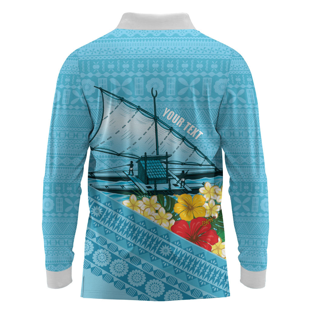 Personalised Bula Vinaka Fiji Drua Long Sleeve Polo Shirt Fijian Traditional Canoe Tapa Cloth Blue LT14 - Polynesian Pride
