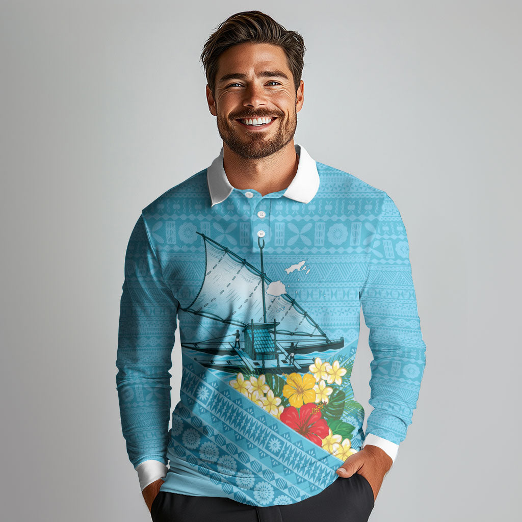 Personalised Bula Vinaka Fiji Drua Long Sleeve Polo Shirt Fijian Traditional Canoe Tapa Cloth Blue LT14 - Polynesian Pride