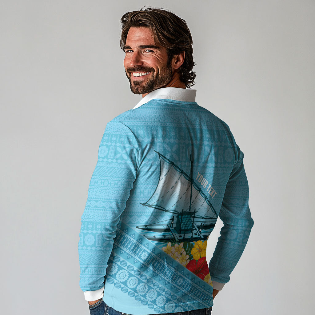 Personalised Bula Vinaka Fiji Drua Long Sleeve Polo Shirt Fijian Traditional Canoe Tapa Cloth Blue LT14 - Polynesian Pride