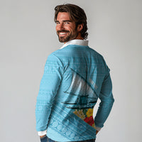 Personalised Bula Vinaka Fiji Drua Long Sleeve Polo Shirt Fijian Traditional Canoe Tapa Cloth Blue LT14 - Polynesian Pride