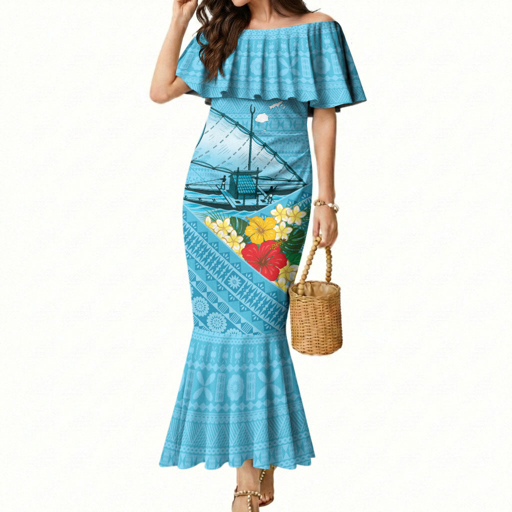Personalised Bula Vinaka Fiji Drua Mermaid Dress Fijian Traditional Canoe Tapa Cloth Blue