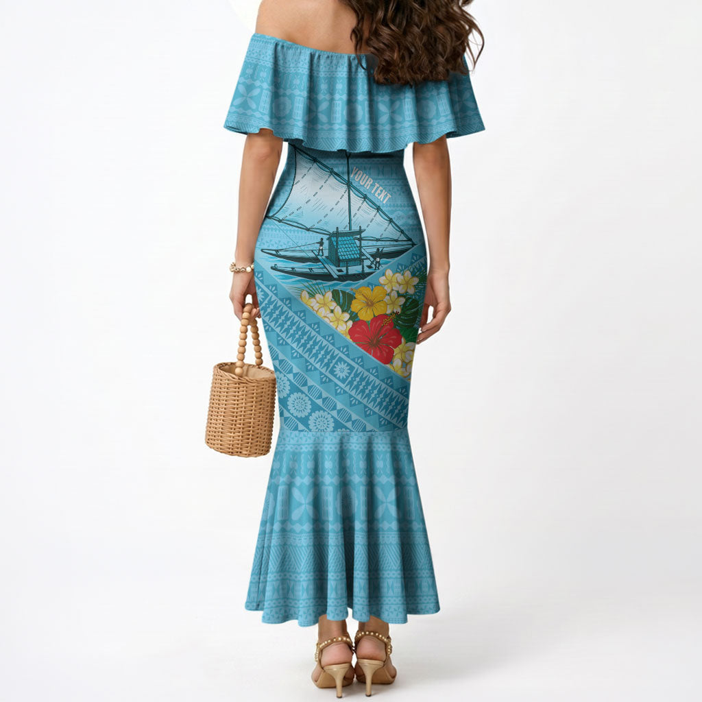 Personalised Bula Vinaka Fiji Drua Mermaid Dress Fijian Traditional Canoe Tapa Cloth Blue LT14 - Polynesian Pride