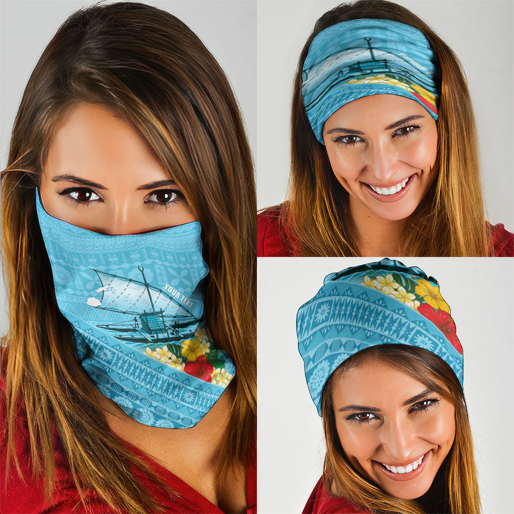 Personalised Bula Vinaka Fiji Drua Neck Gaiter Fijian Traditional Canoe Tapa Cloth Blue LT14 - Polynesian Pride