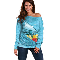 Personalised Bula Vinaka Fiji Drua Off Shoulder Sweater Fijian Traditional Canoe Tapa Cloth Blue LT14 Women Blue - Polynesian Pride