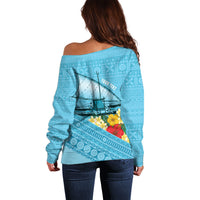 Personalised Bula Vinaka Fiji Drua Off Shoulder Sweater Fijian Traditional Canoe Tapa Cloth Blue LT14 - Polynesian Pride