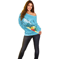 Personalised Bula Vinaka Fiji Drua Off Shoulder Sweater Fijian Traditional Canoe Tapa Cloth Blue LT14 - Polynesian Pride