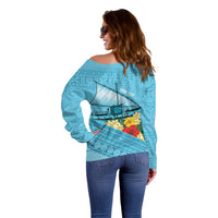 Personalised Bula Vinaka Fiji Drua Off Shoulder Sweater Fijian Traditional Canoe Tapa Cloth Blue LT14 - Polynesian Pride