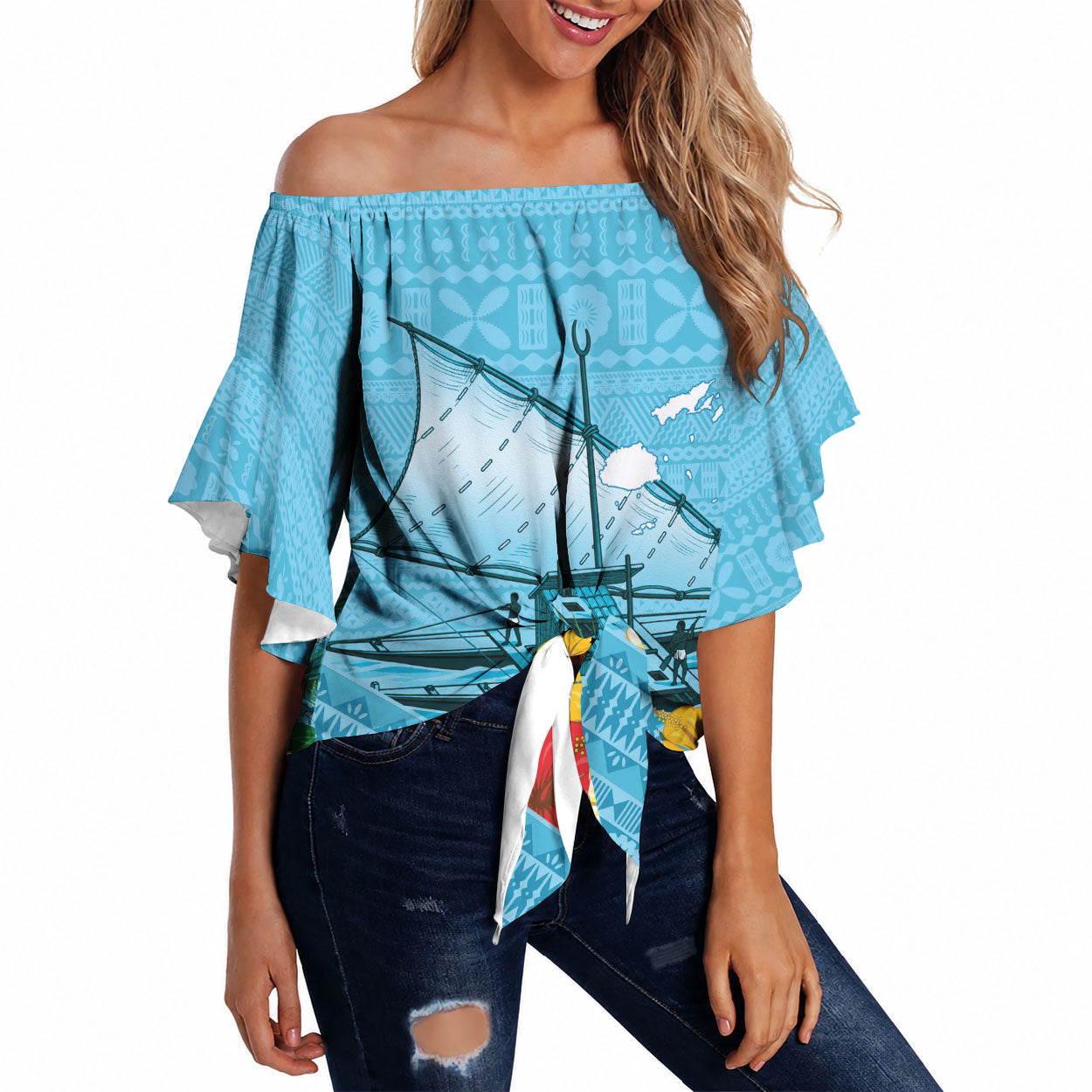Personalised Bula Vinaka Fiji Drua Off Shoulder Wrap Waist Top Fijian Traditional Canoe Tapa Cloth Blue