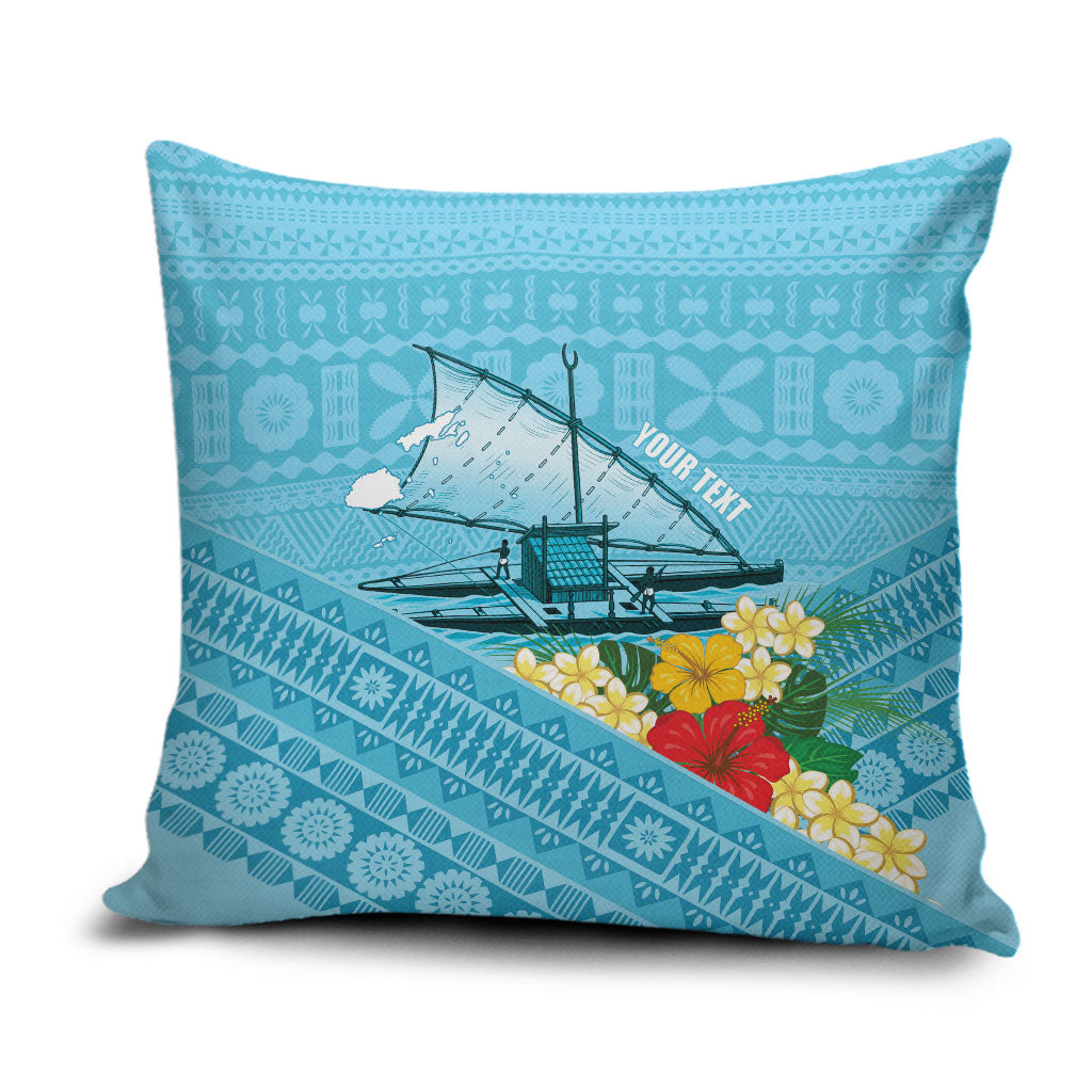 Personalised Bula Vinaka Fiji Drua Pillow Cover Fijian Traditional Canoe Tapa Cloth Blue