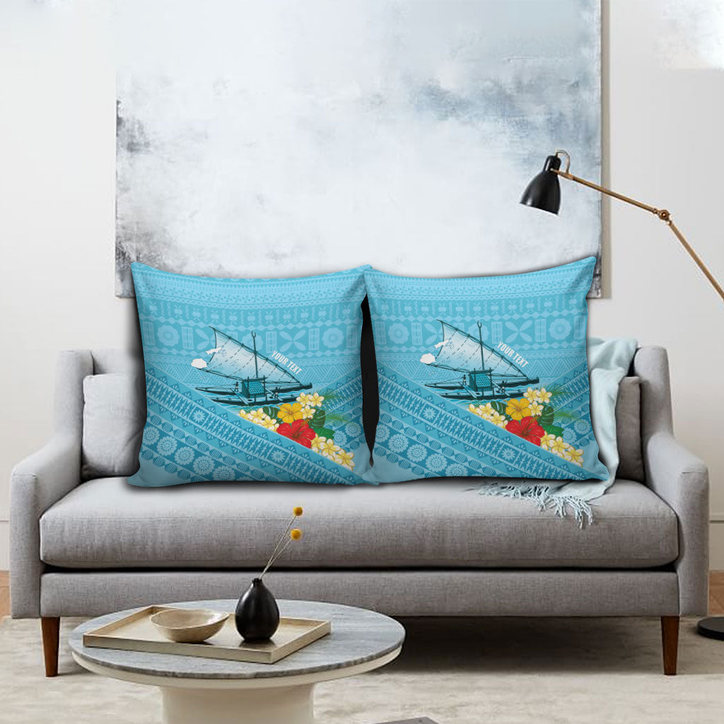 Personalised Bula Vinaka Fiji Drua Pillow Cover Fijian Traditional Canoe Tapa Cloth Blue LT14 - Polynesian Pride
