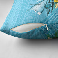 Personalised Bula Vinaka Fiji Drua Pillow Cover Fijian Traditional Canoe Tapa Cloth Blue LT14 - Polynesian Pride
