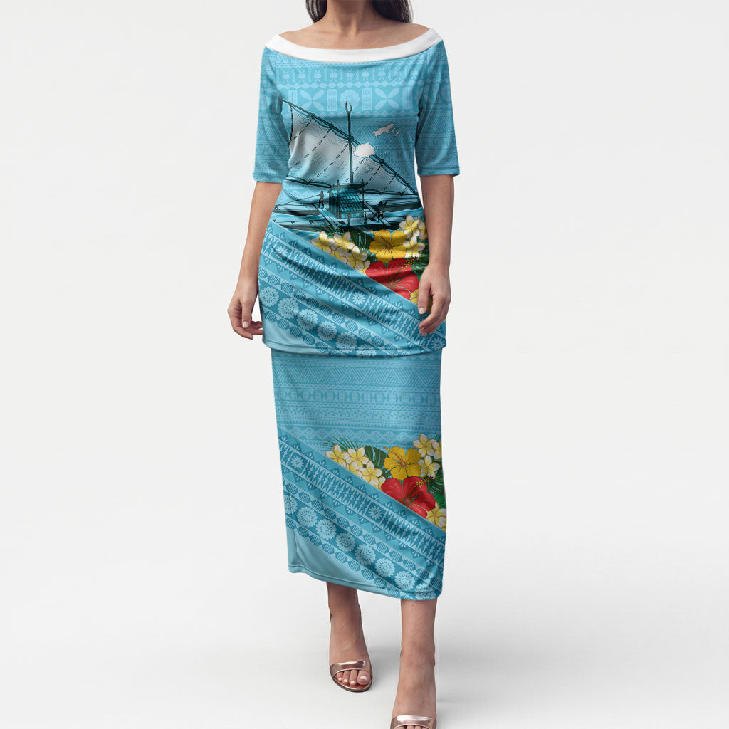 Personalised Bula Vinaka Fiji Drua Puletasi Fijian Traditional Canoe Tapa Cloth Blue