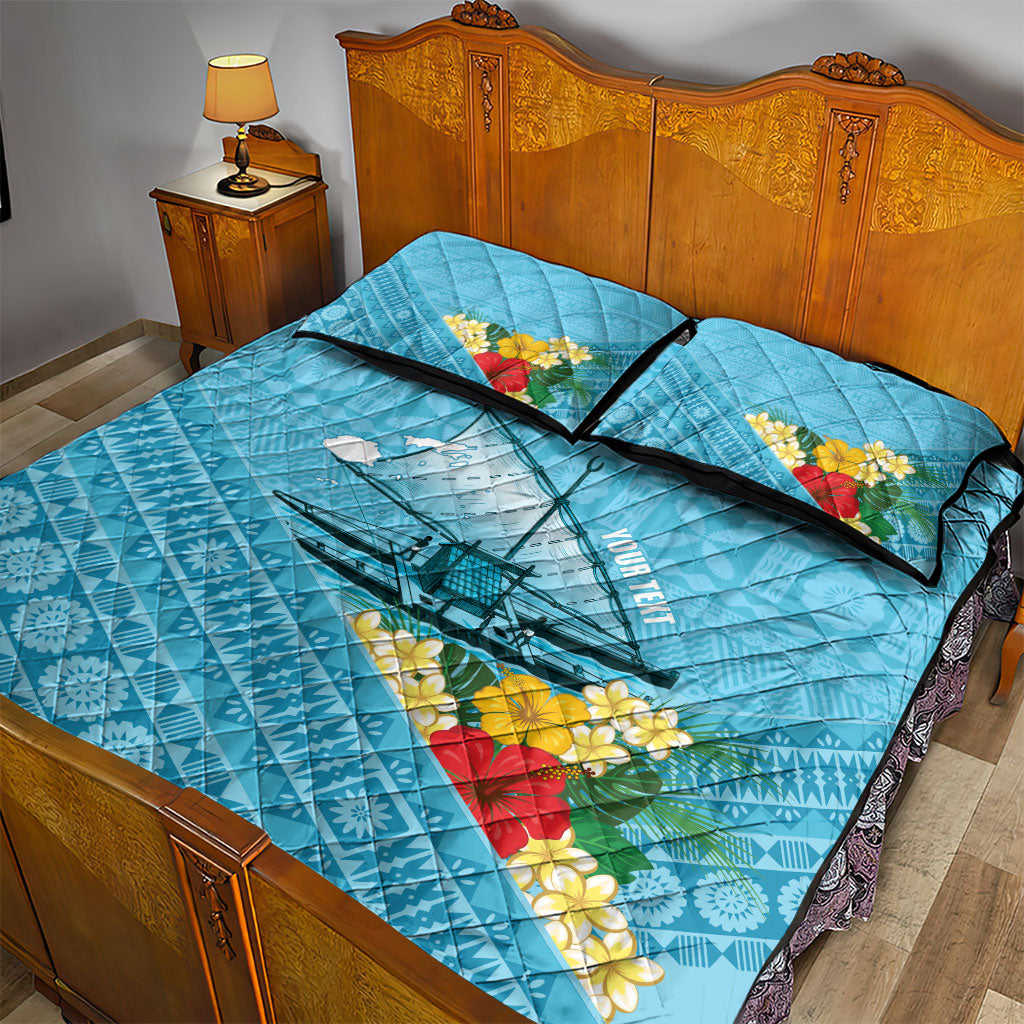 Personalised Bula Vinaka Fiji Drua Quilt Bed Set Fijian Traditional Canoe Tapa Cloth Blue LT14 - Polynesian Pride