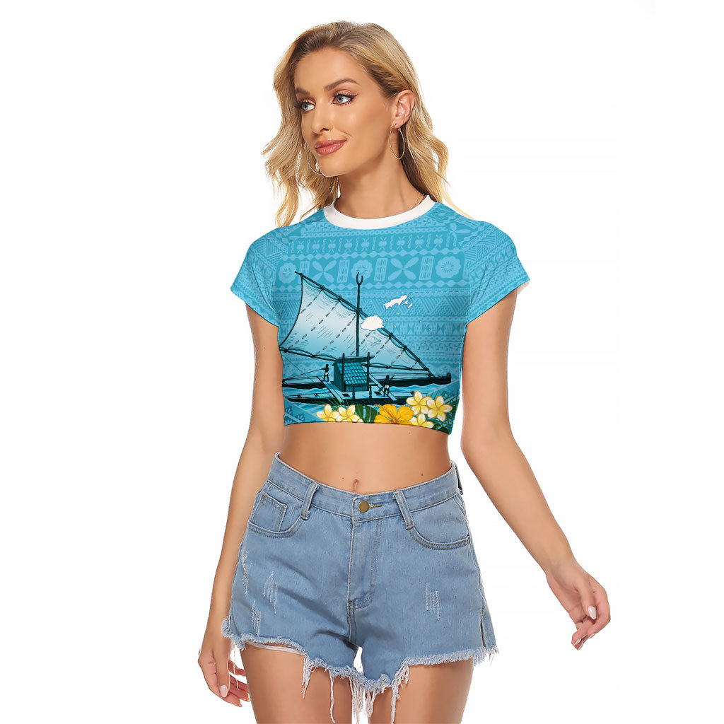 Personalised Bula Vinaka Fiji Drua Raglan Cropped T Shirt Fijian Traditional Canoe Tapa Cloth Blue