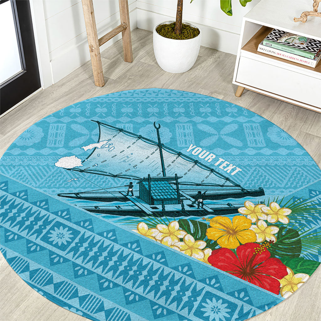 Personalised Bula Vinaka Fiji Drua Round Carpet Fijian Traditional Canoe Tapa Cloth Blue