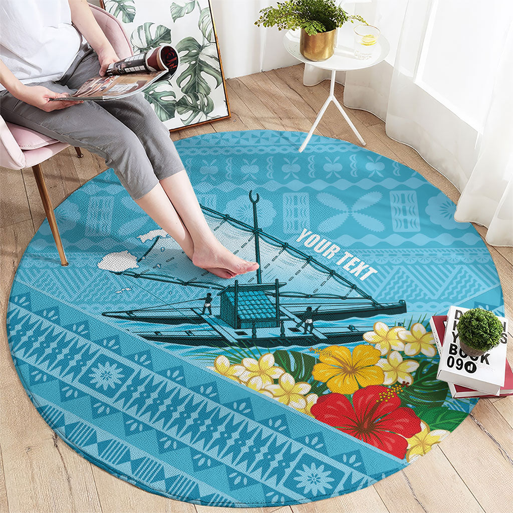 Personalised Bula Vinaka Fiji Drua Round Carpet Fijian Traditional Canoe Tapa Cloth Blue LT14 - Polynesian Pride